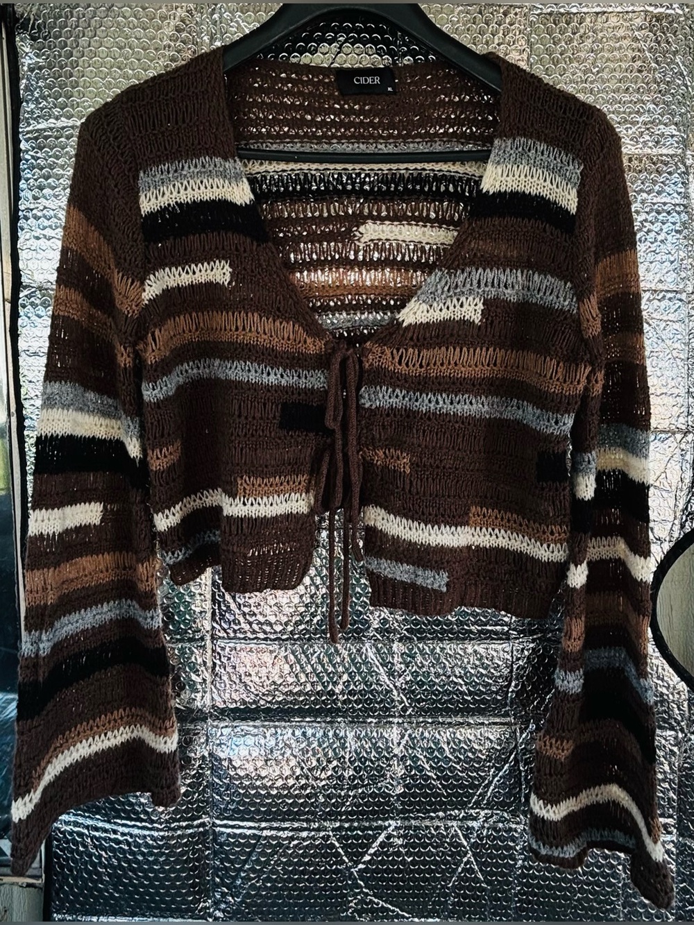 CIDER Cardigan Crop Mohair Blend Flare Sleeve Boho Tie Front Sweater